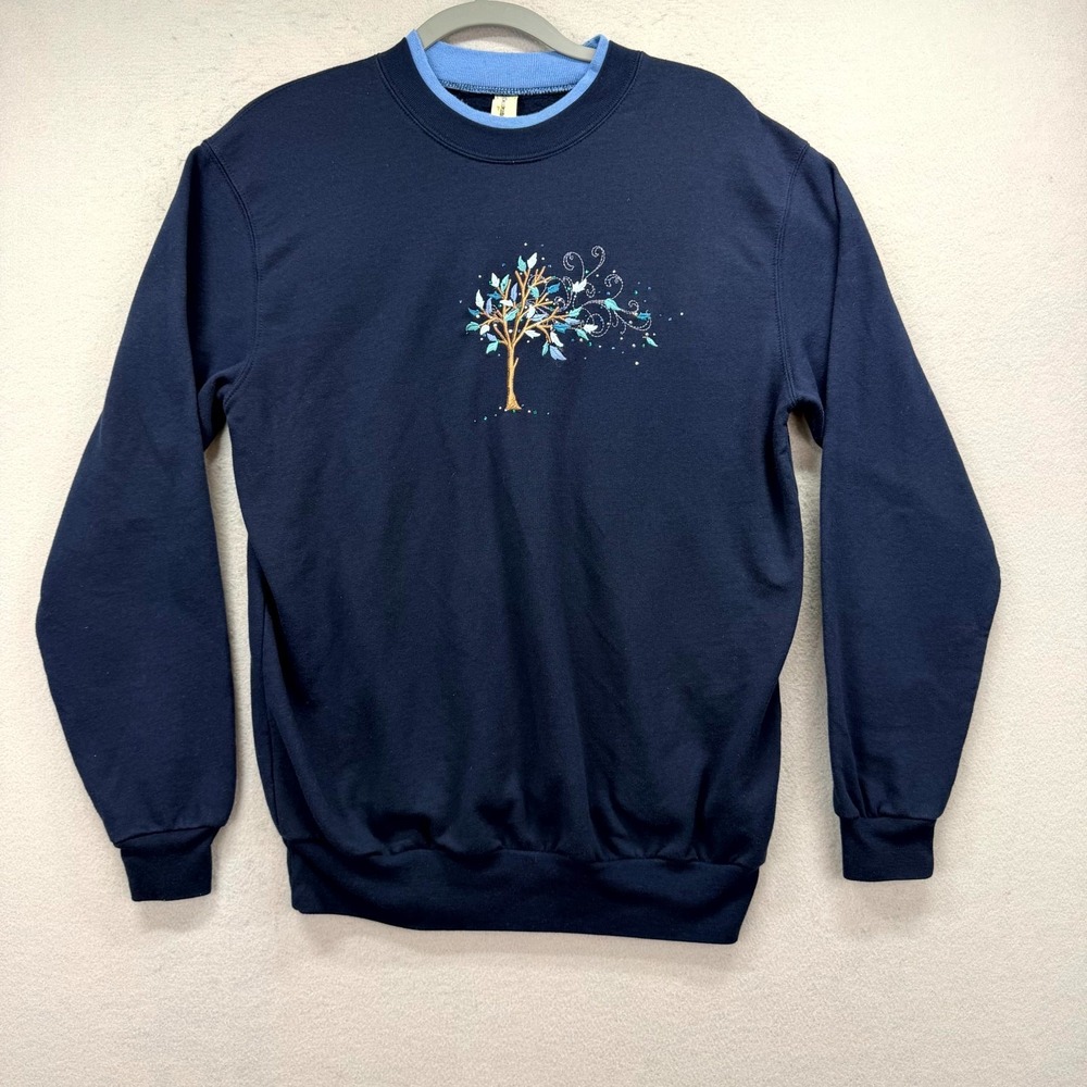 Decorated Originals Sweatshirt Women L Navy Tree of Life Studded Grandma Sweater